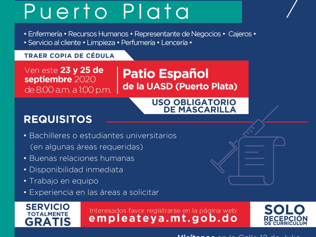 Dirección General de Empleo solicita interesados depositar currículum vitae para vacantes de empleo en Puerto Plata