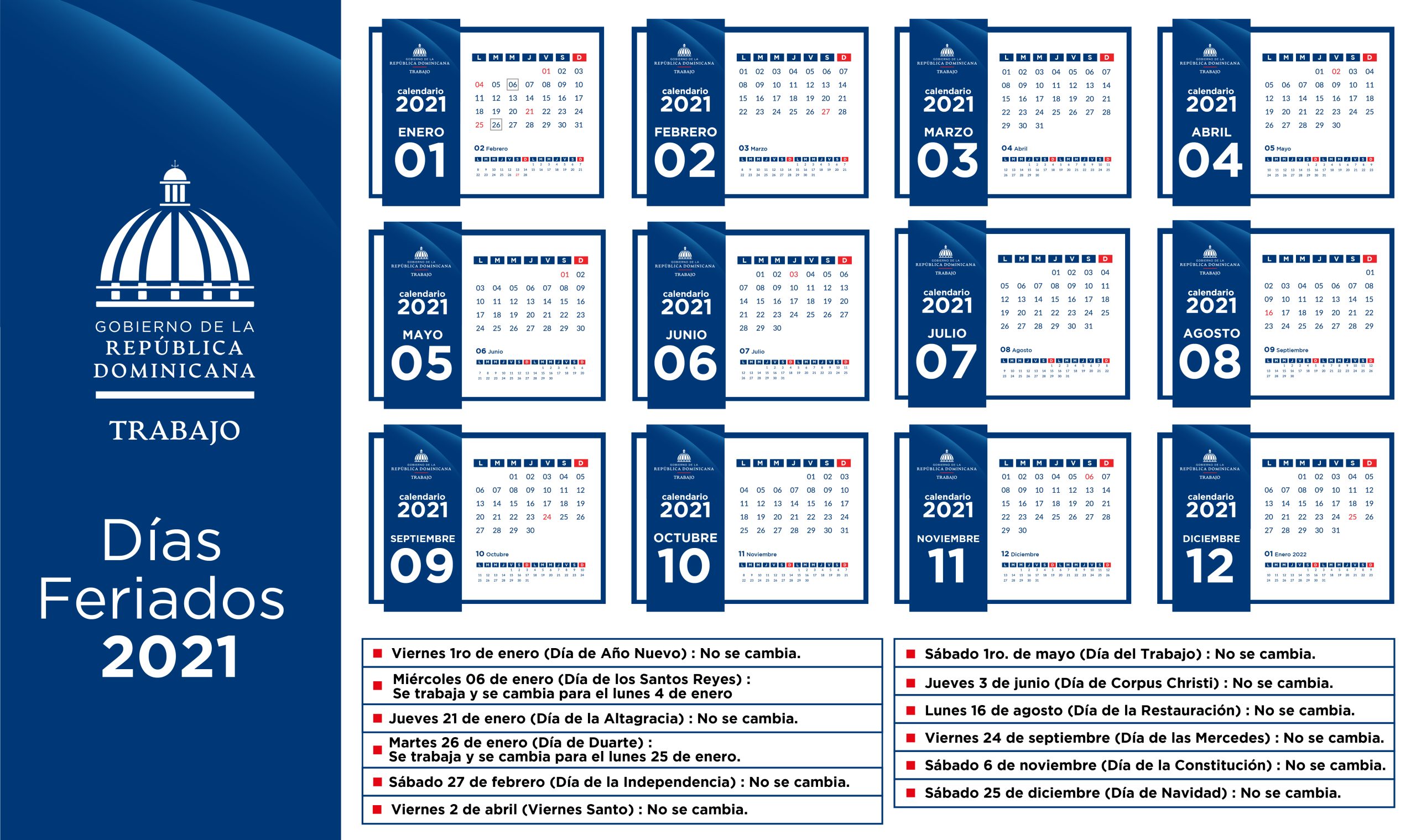 Ministerio de Trabajo informa días feriados correspondientes año 2021