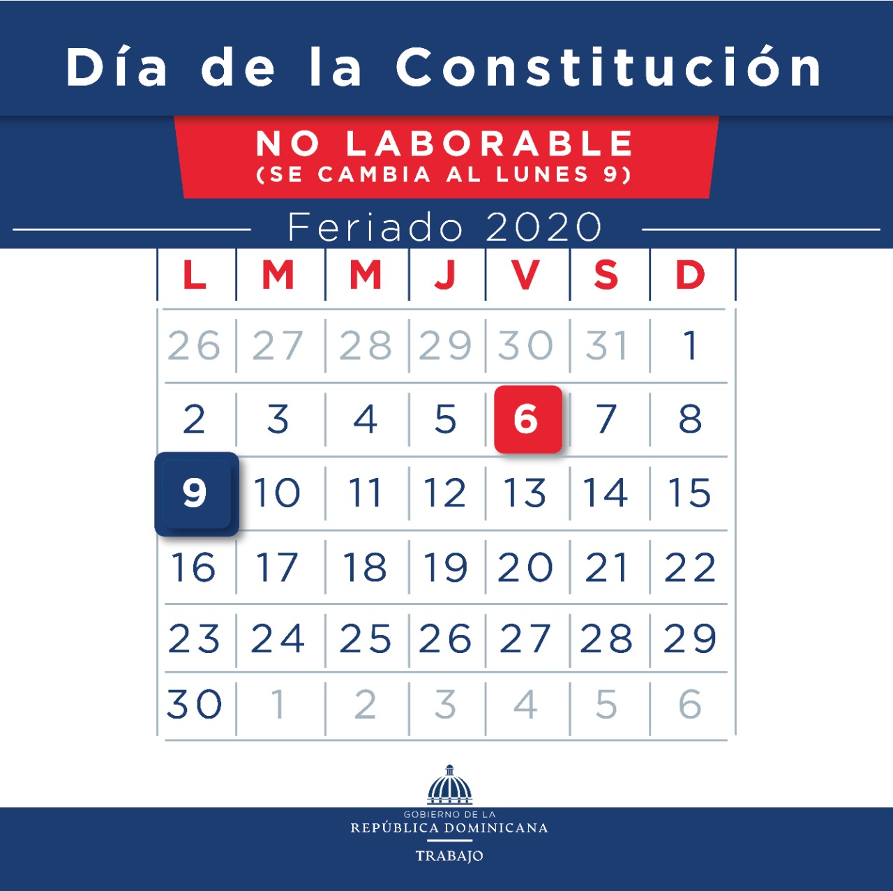 Ministerio de Trabajo reitera feriado “Día de la Constitución” se cambia para el lunes 09
