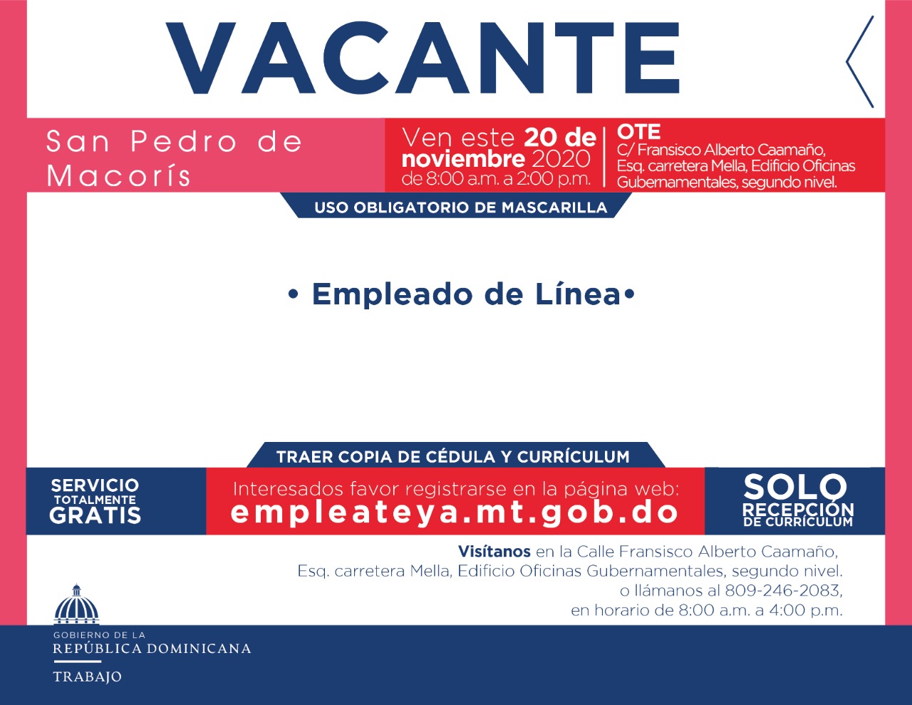 Ministerio de Trabajo invita a jornada de empleo en San Pedro de Macorís