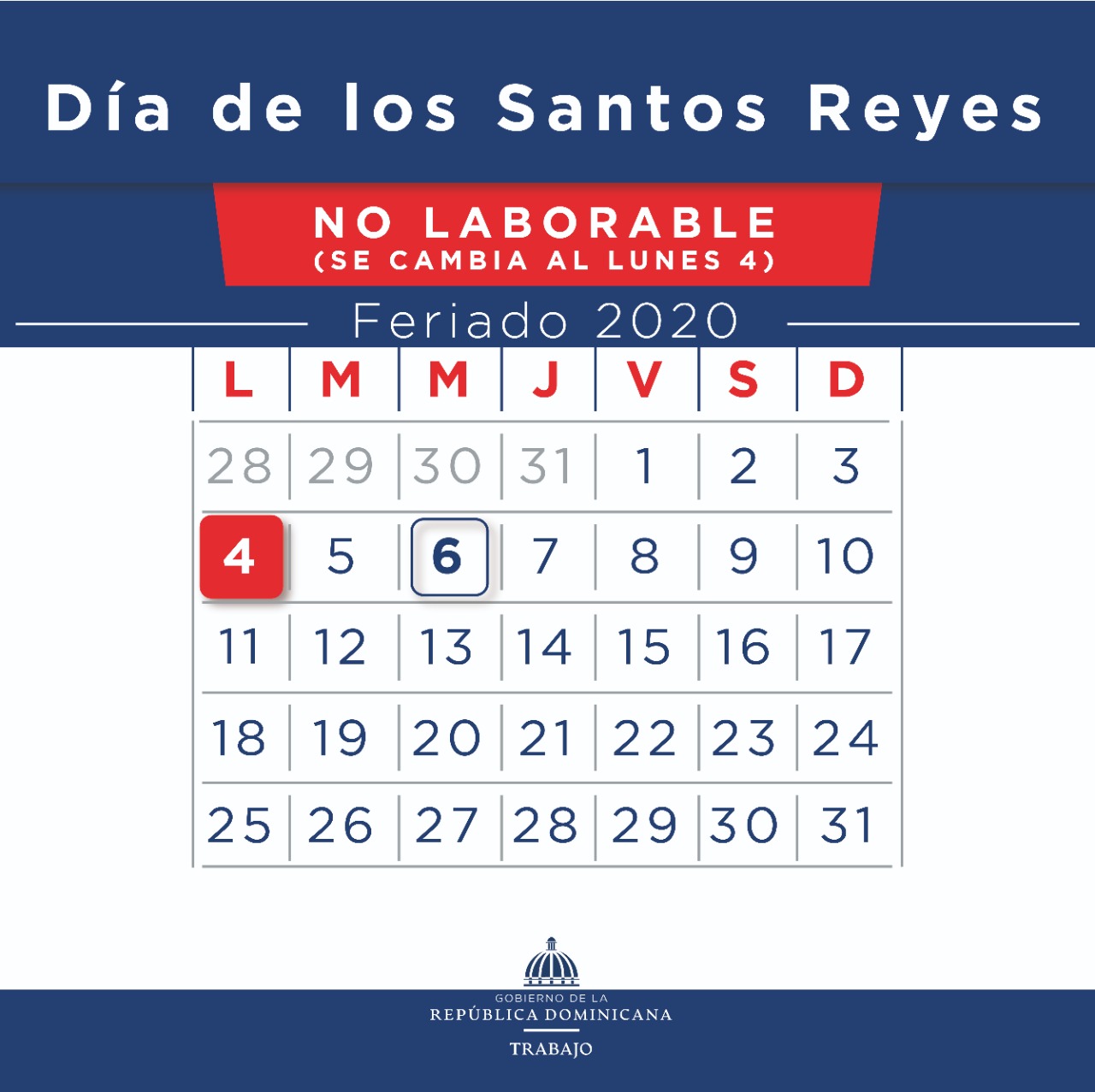 Ministerio de Trabajo reitera feriado “Día de los Santos Reyes” se cambia lunes 04 de enero